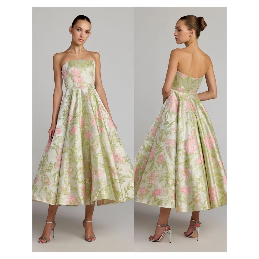 Mac Duggal Green Floral Brocade Strapless A-Line Midi Dress $498 - Size 2
